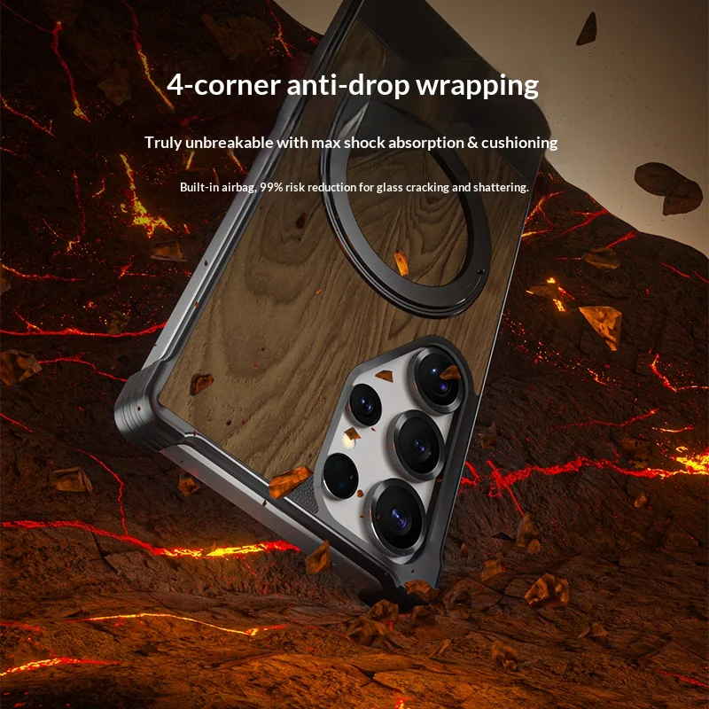 360°rotating bracket Metal+wood grain leather back cover For Samsung Galaxy S26 S25 S24 S23 S22 Ultra shockproof Phone Case