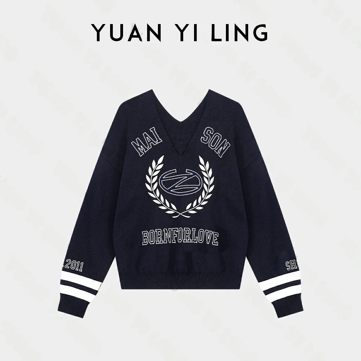 Yuan ling Heavy Industry V-Ne Hand Embroidered Long Sve Knitted Sweater Autumn Sle Straight Cut Cotton Simple Commute