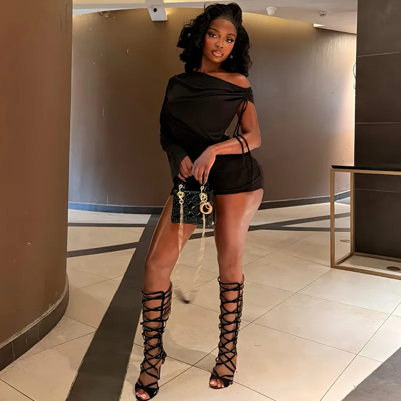 Women Fashion Sexy Backless Ruched Skinny Playsuits Inclined Shoulder Drawstring Lace Up Full Sleeve Peach Hip Slim Rompers