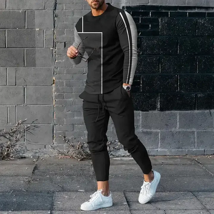 Men\'s Long Sleeve T-shirts and Pants Two Piece Black Classic Geometry 3D Printed Men\'s Sets Casual Suit nike tech fleece