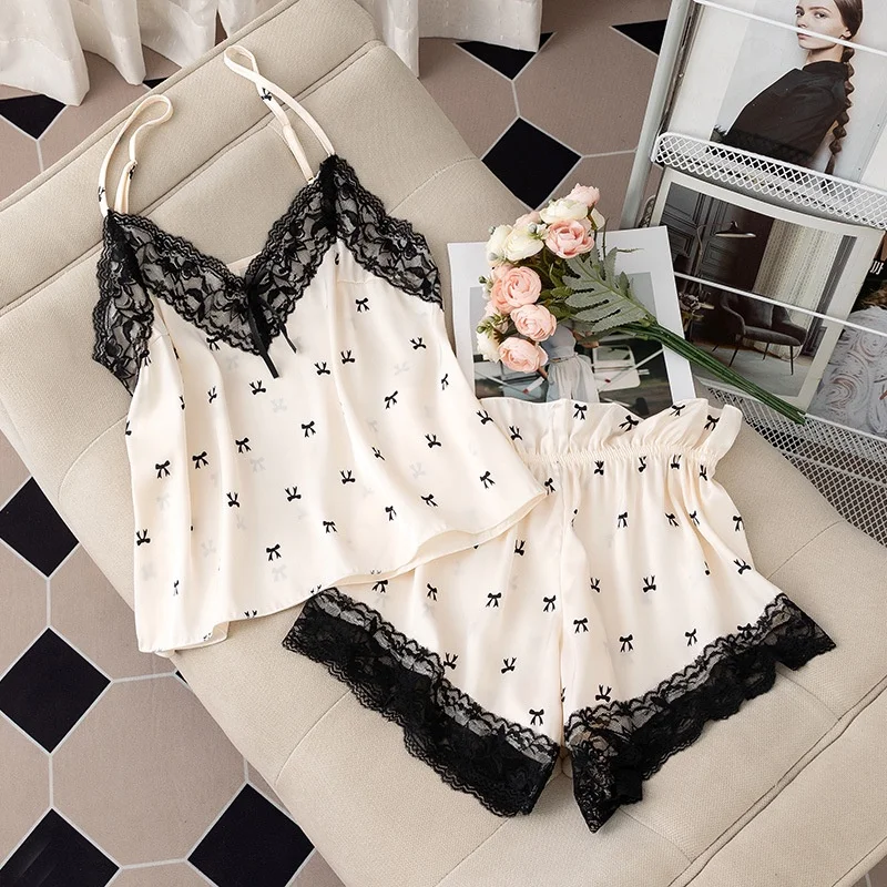 2024 New Sexy Floral Print Pajamas Women\'s Nightwear Lace V-Neck Ice Silk Pijama