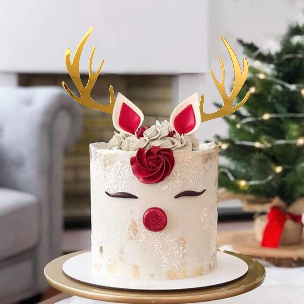 2pcs/set Gold Acrylic Deer Antler Cake Decoration for Christmas Theme Party Cake Topper Decoration Supplies