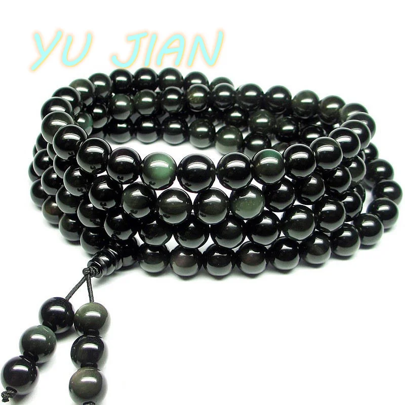 

Natural Stone Black Rainbow Obsidian Bracelet Men's Ladies 108 Beads Stretch 6mm Fashion Charm Bangle