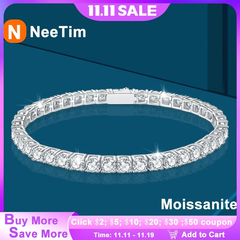 

NeeTim 3 мм 4 мм 5 мм 6,5 мм теннисный браслет с муассанитом, оригинальные браслеты из стерлингового серебра 925 пробы с лабораторными бриллиантами для женщин и мужчин, цепочки