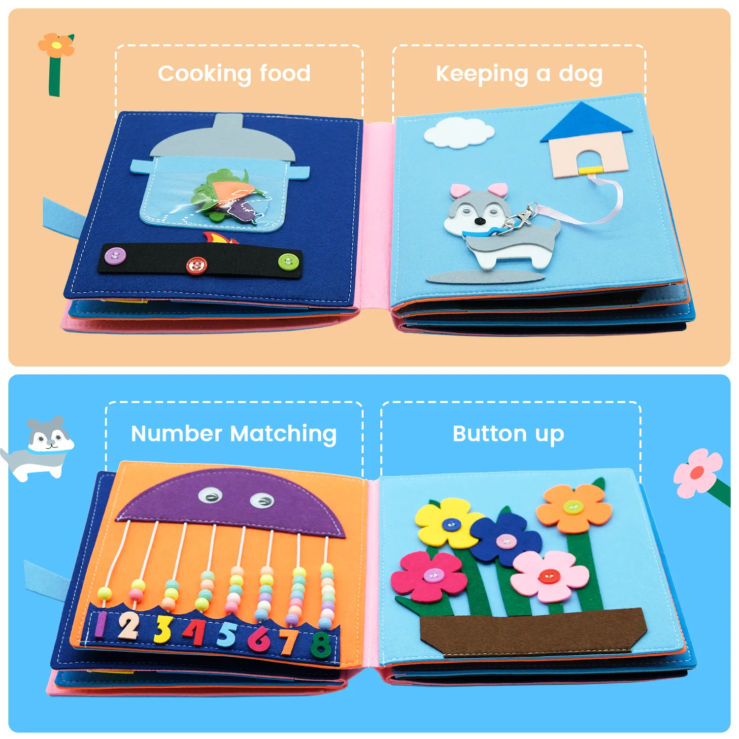 Baby Montessori Busy Book Math Early Learning Toys Cloth Book Basic Life Skill Teaching Brush Teeth/Clock/Weather/Tie Shoes