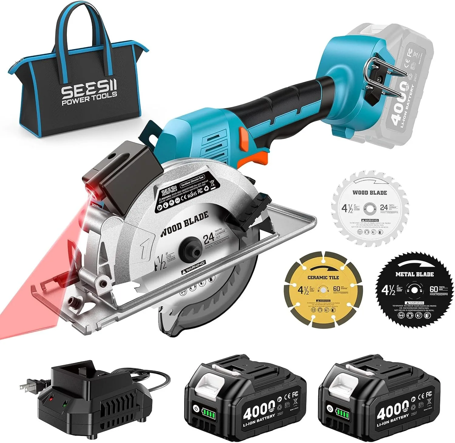 SEESII Brushless Cordless Circular Saw 4-1/2” Adjustable Woodworking Cutting Power Tools Cordless Electric Saw Machine with 4.0Ah Battery Electric Goddess