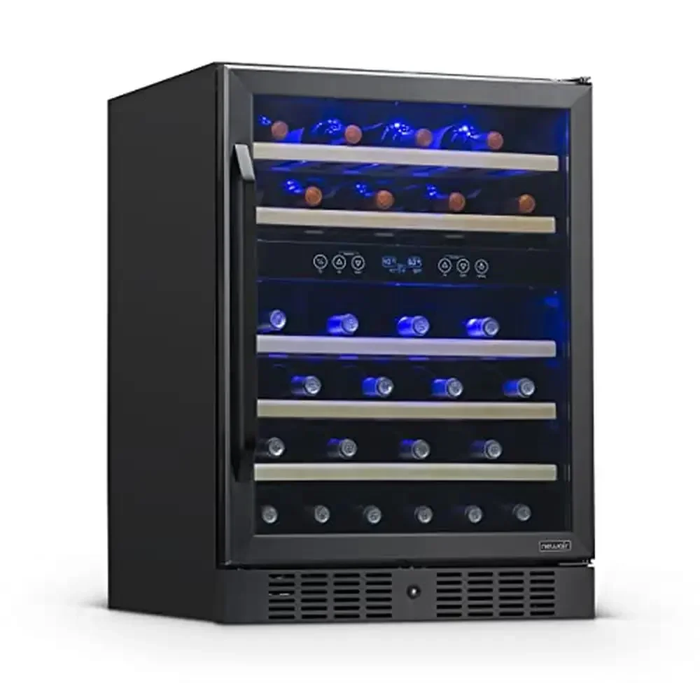 46 Bottle Dual Zone Wine Refrigerator Built-in Small Wine Fridge Black Stainless Steel Mini Cooler Triple-Tempered Glass Door