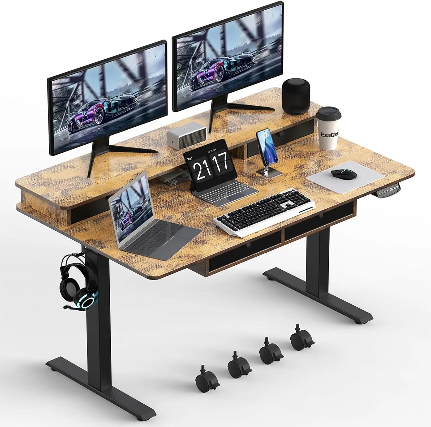 

Electric Standing Desk, 63 * 30 Inches Adjustable Height with 4 Drawers, Double Storage Shelves Stand Up Desk