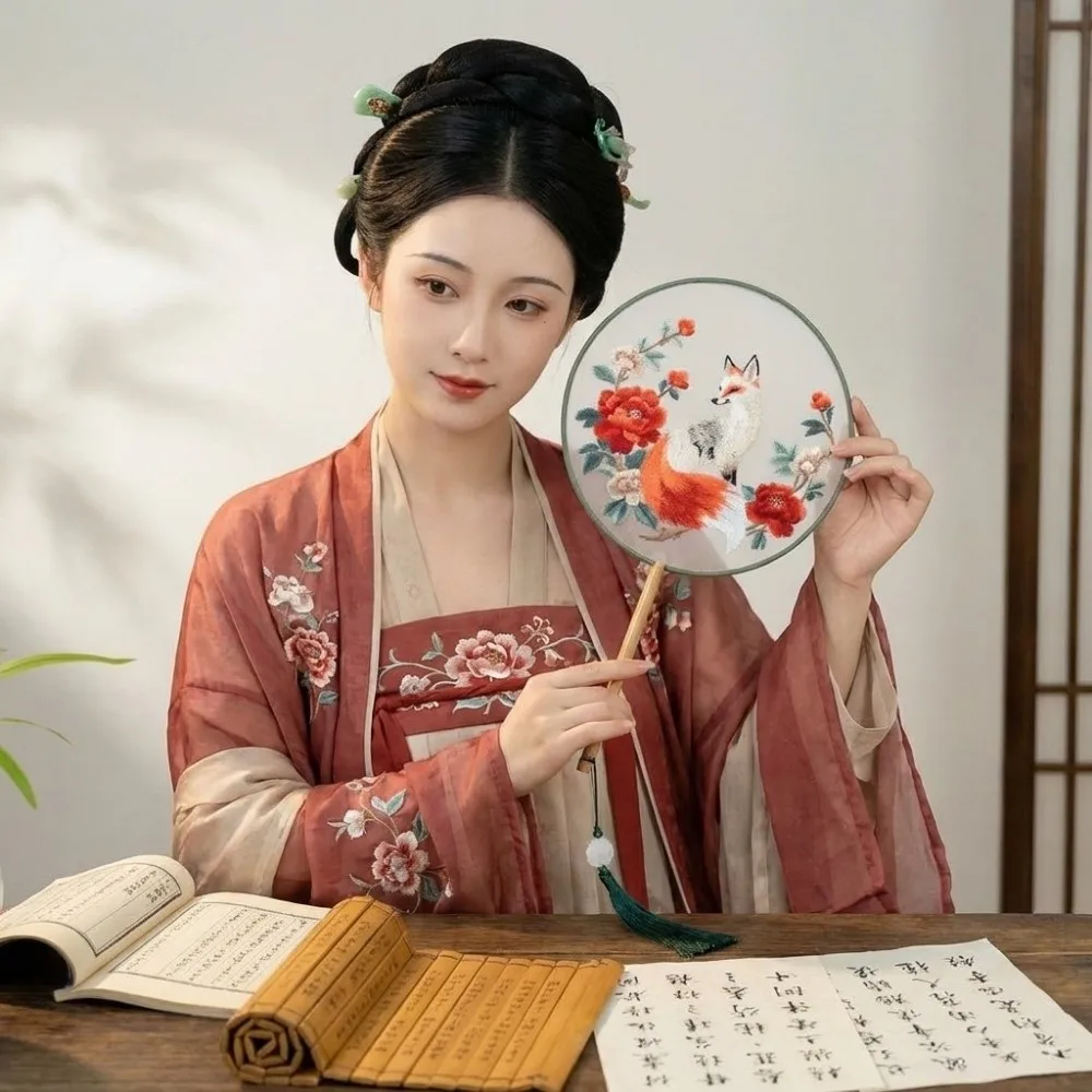 Chinese Style Double Sided Embroidery Fan Long Handle Classical Vintage Hand Fan with Tassel Semi-Transparent