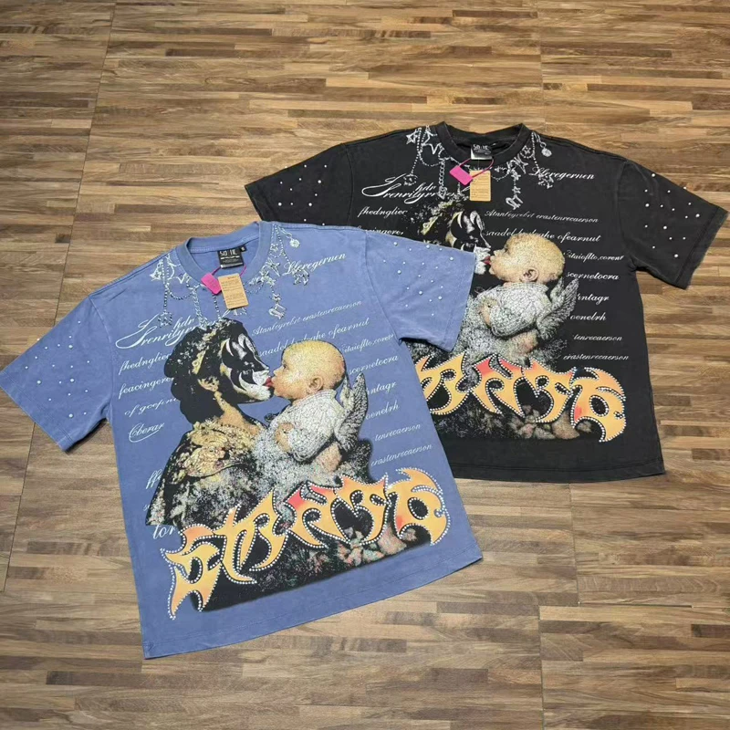 2026 New SAINT Men's Retro T-shirt Summer High-quality Loose Shinning Bling Diamond Short Sleeve Top