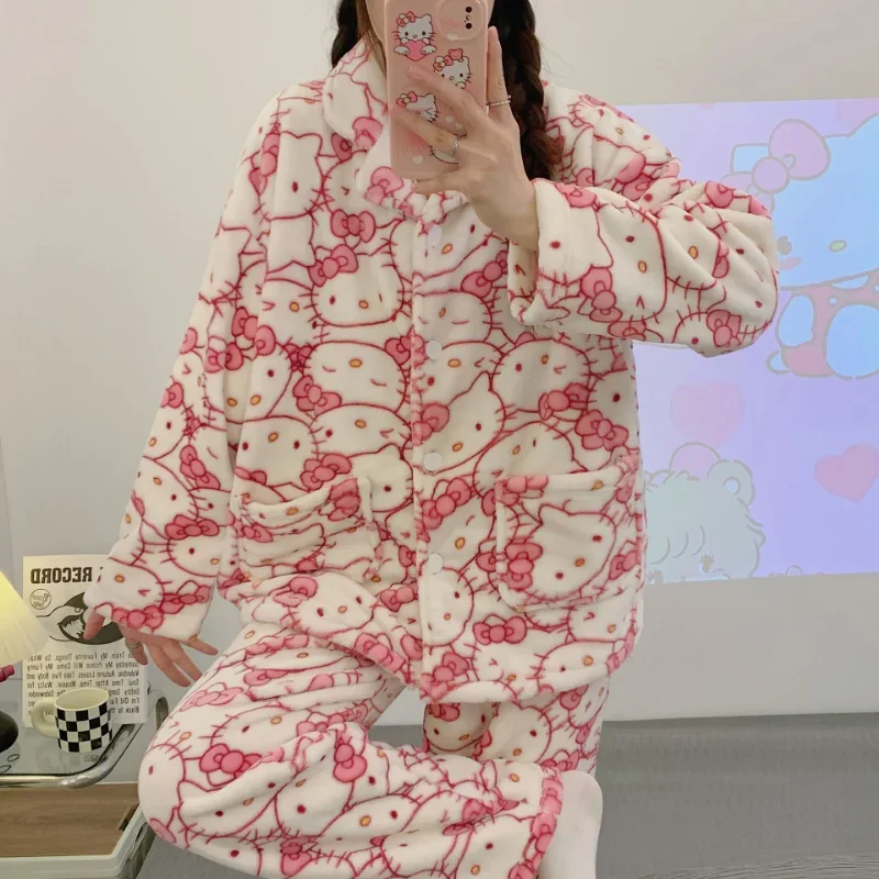 Sanrio Hello Kitty Winter Cotton Long Sleeve Trousers Two-piece Set Warm Fleece Women\'s Pajamas Coral Fleece Homewear Set