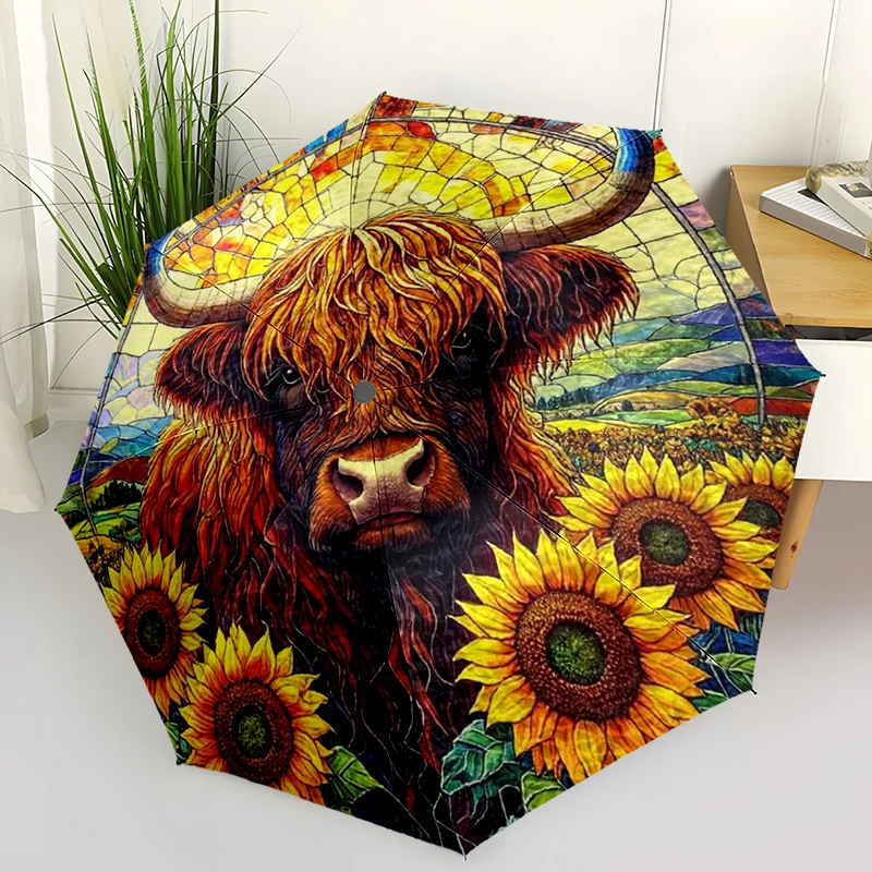 Retro Highland Cow Folding Umbrella Fashion Auto-Open Design 8 Iron Ribs Plastic Handle Foldable Sunshade Perfect Christmas Gift