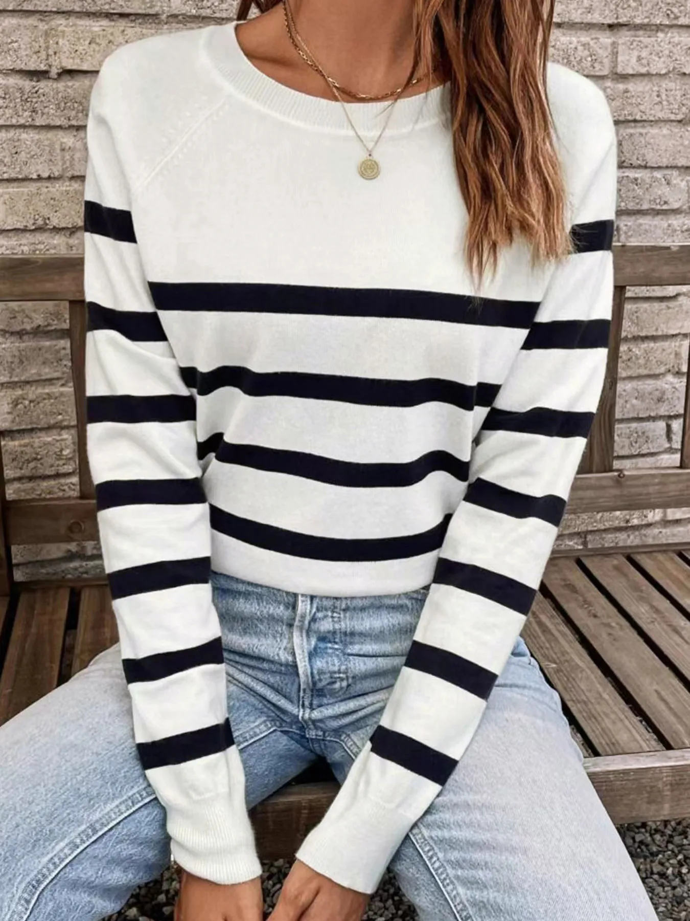 Directional development sweater female round neck short-style pullover long sleeve horizontal stripe leisure spring and autumn