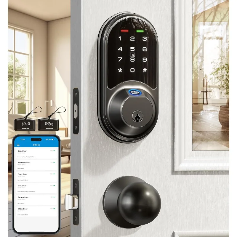 2 Knob Handle Set, Fingerprint Keyless Entry, App Control Biometric Door Lock, Electronic Digital Touchscreen Keypad Deadbolt