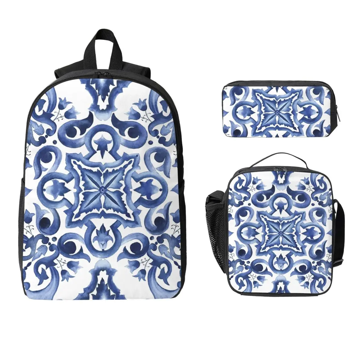 

Blue Ornate Floral Mediterranean Sicilian Tile Backpack BookBag School Bag Shoulder Bags 3ps Insulated Lunch Bag Pencil Case