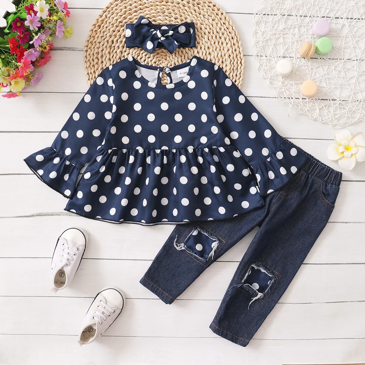 PatPat 3pcs Baby All Over Polka Dots Navy Ruffle Bell Sleeve Top and Cotton Ripped Denim Jeans Set Soft and Comfortable