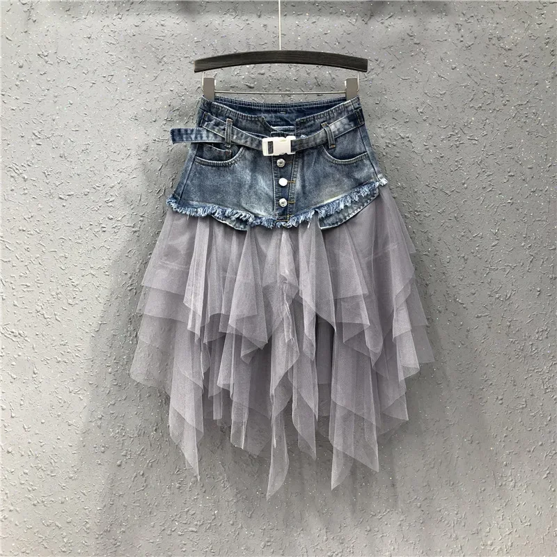 Summer Mini Skirt Gothic Punk Women High Waist Irregular Denim Skirts Club Party Mesh Patchwork Short Jeans