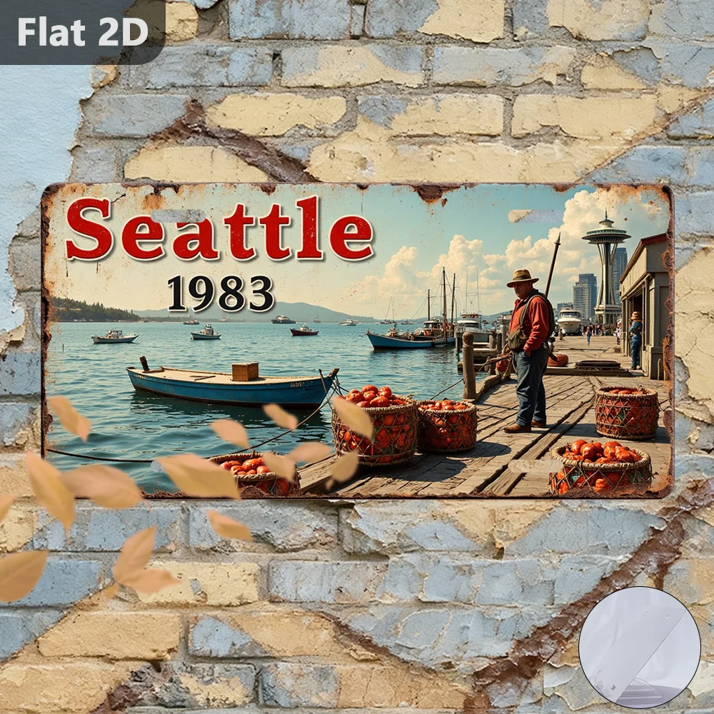 Vintage Seattle Waterfront Blechschild, 2D, flach, für den Außenbereich, Wanddekoration, 12 x 5,9 Zoll