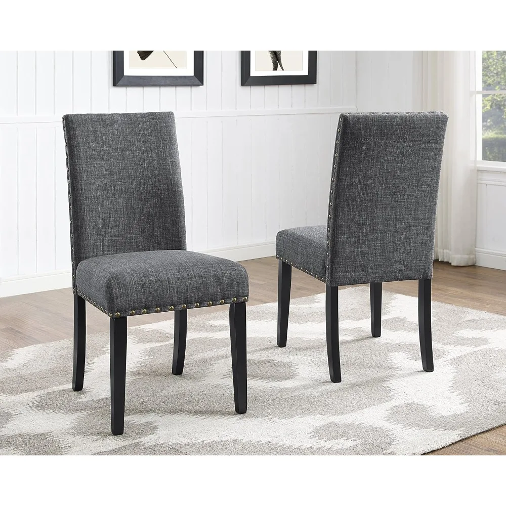 Gray Fabric Dining Chairs with Nailhead Trim,linen and Cotton Fabric Upholstery on The Seat and Chair Back Pack of 2