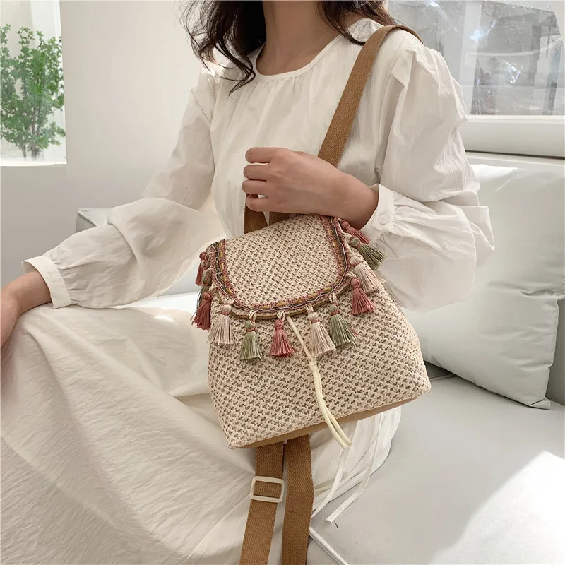 Women Straw Shoulder Backpack with Tassel Boho Summer Beach Leather Woven Bucket Purse School Bag Holiday Ladies Girl Daypack