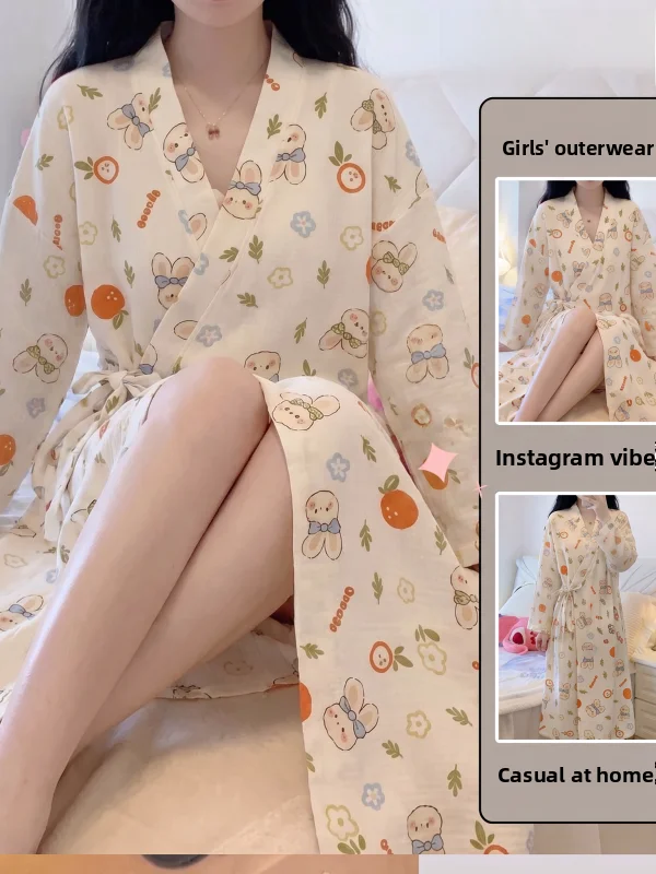 長袖薄手の綿着物スタイルパジャマ女性のラップ可能なホーム服ウサギ漫画ローブナイトガウン秋シーズン
