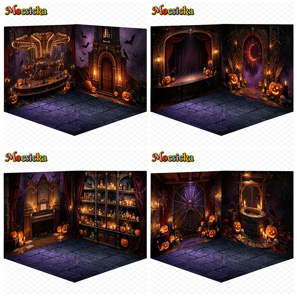 Mocsicka Halloween-Dekorationen Hintergrund Dunkles Karussell Gotischer Uhrenturm Fotografie-Banner Familien- und Kinderparty Fotografie-Hintergrund