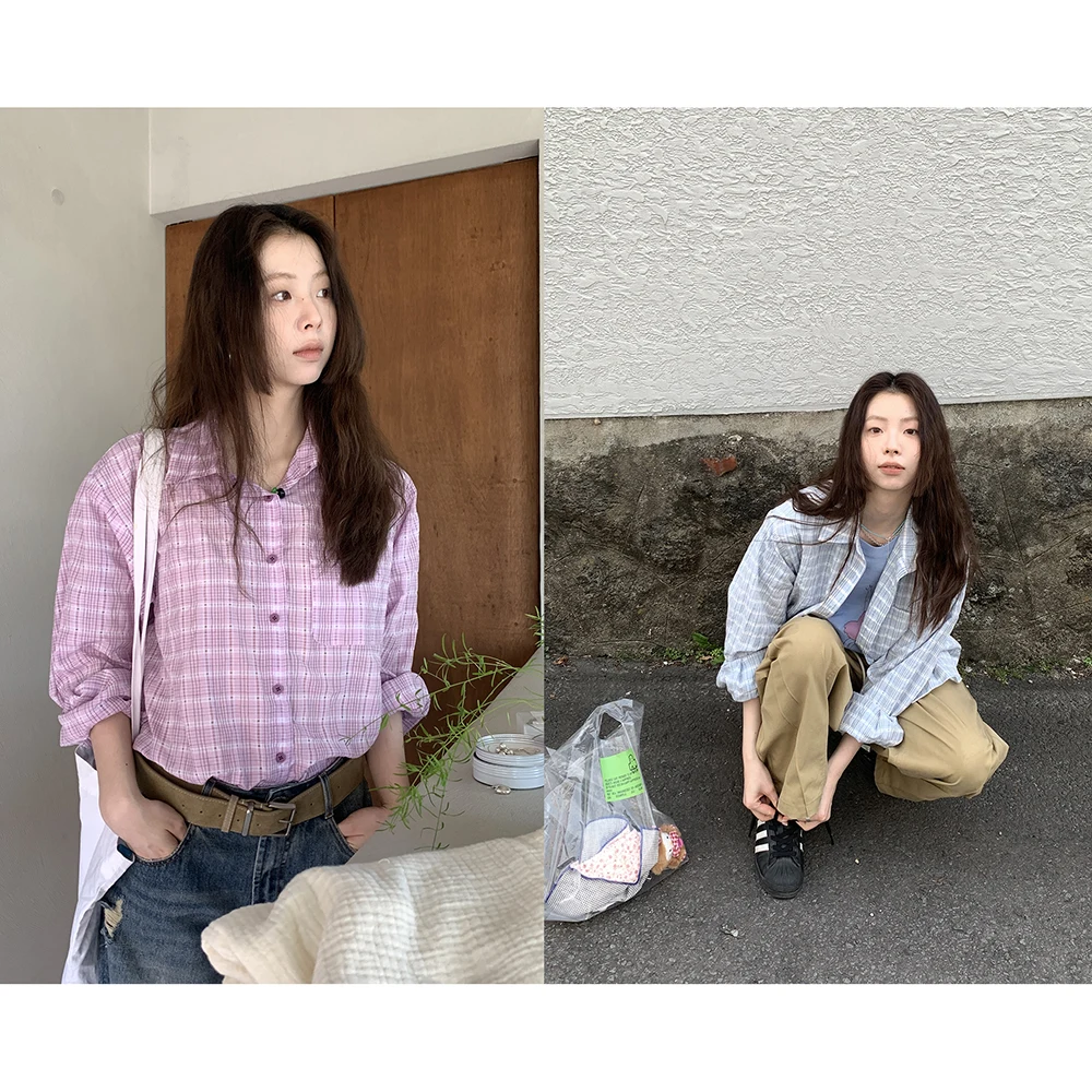 

Женская повседневная свободная рубашка в клетку HelloooEat Commuter Sle с одной пуговицей, корейская версия, летняя верхняя одежда, модная, из смесового хлопка