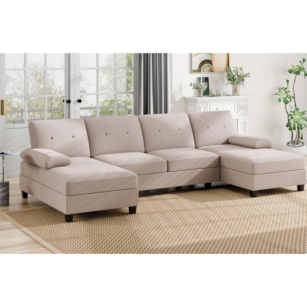 Sectional Couches, 4 Seat Sofa Set U-Shaped Couch with Wide Double Chaise Lounges, 106in Fabric Large Couch, Living Room sofas