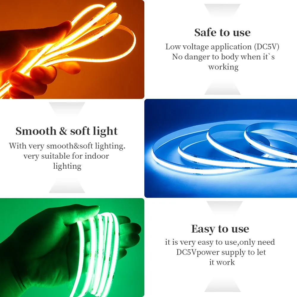 DC5V COB LED Strip 320Leds/m 8mm  High Density Linear Lighting Flexible Tape Lights Warm Natural White Red Green Blue Pink