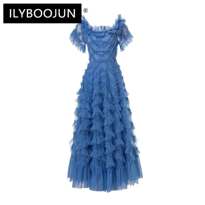 

ILYBOOJUN High Quality New Arrivals Women Dress Vintage Net Yarn Polka Dot Print Cascading Ruffle Backless Elegant Dresses