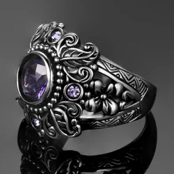 Silver Ring Round 8MM Vintage Tree Leaf Flower Ring for Women Purple Stone Gemstone Anniversary Rings