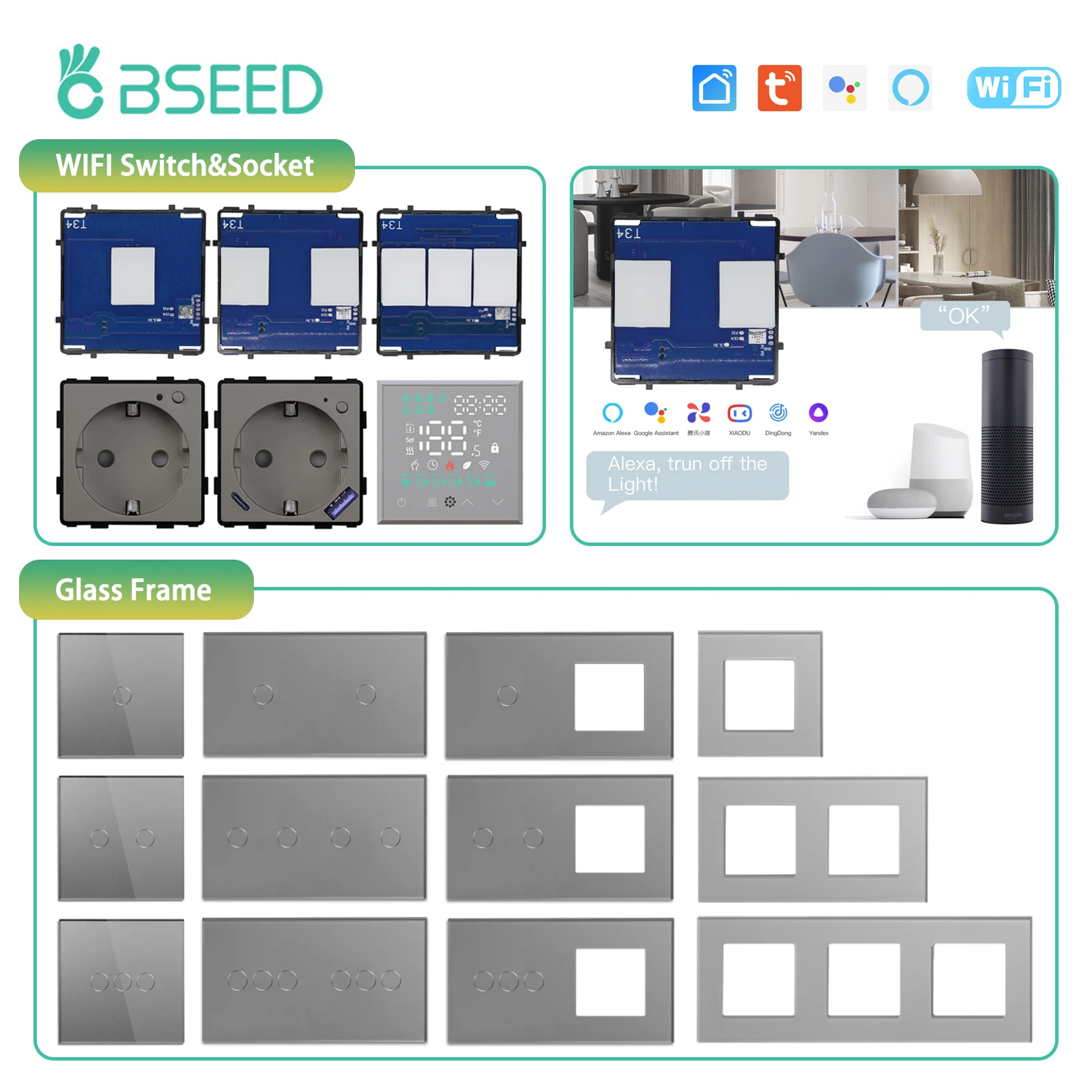 BSEED 1/2/3Gang WIFI Touch Light Switch Part Smart Switch Module Part EU Wifi Socket DIY Parts Glass Panel Free Combination
