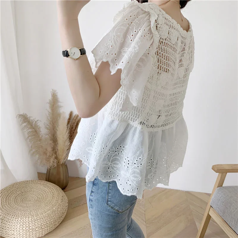 Sleeve Blouse Loose Sexy Round Neck Pullover with Lace Top Blusas Clothes for Women Tops Shirts Blouses