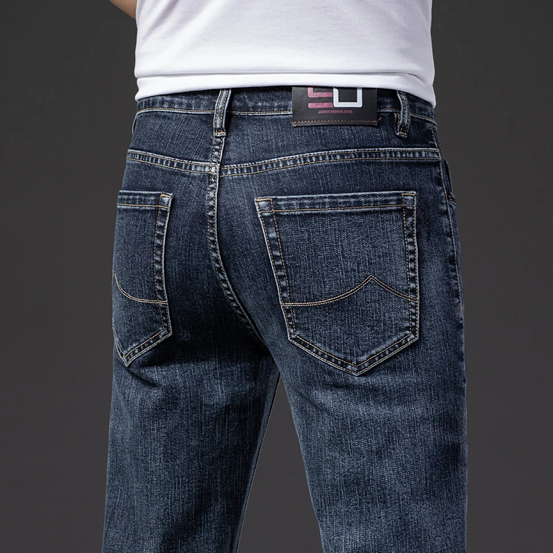 2025 primavera otoño nuevos pantalones vaqueros rectos ajustados para hombres ropa Casual Premium pantalones vaqueros elásticos de algodón Simple de peso medio vaquero