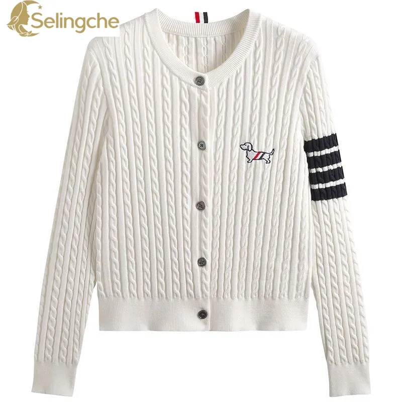 Cardigan brodé à col rond pour femme, pull à la mode, veste à quatre barres, réduction de l\'âge, nouveau