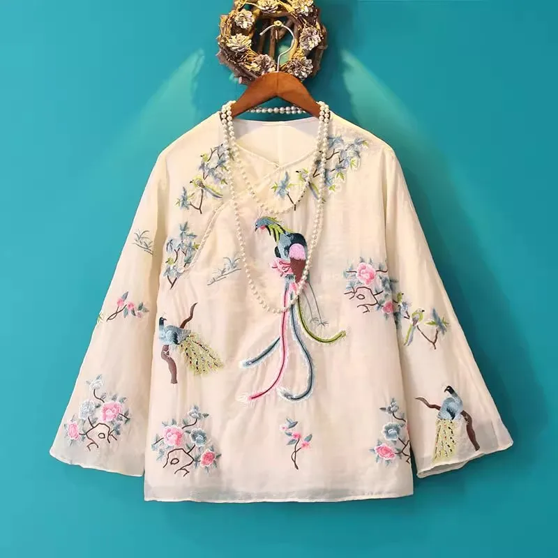 

Floral Embroidered Blouses Women Long Sleeve Vintage Shirts Chinese Style Retro Buckle Tops