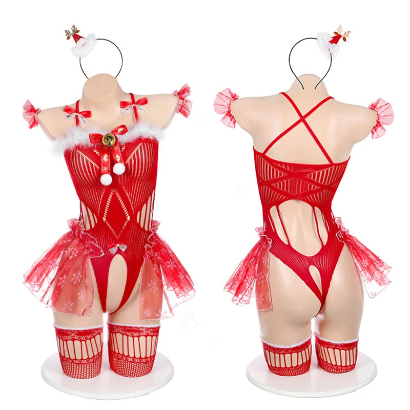 

Erotic Female Christmas Uniform Set Cosplay Sexy Christmas Girl Bow Tie Jumpsuit Adult Red Hollowed Out Fishing Net Jumpsuit