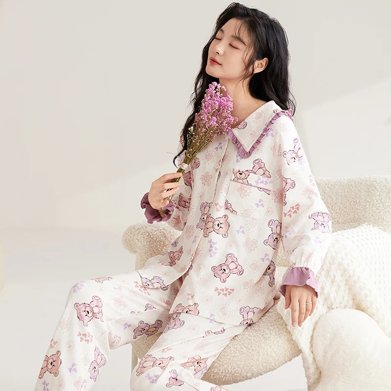 Pink Cute Bear Pajamas Set Women Long Sleeves Long Pants Autumn Winter Kawaii Sleepwear Soft Pyjamas Girl Pijamas Cozy Cotton Pj