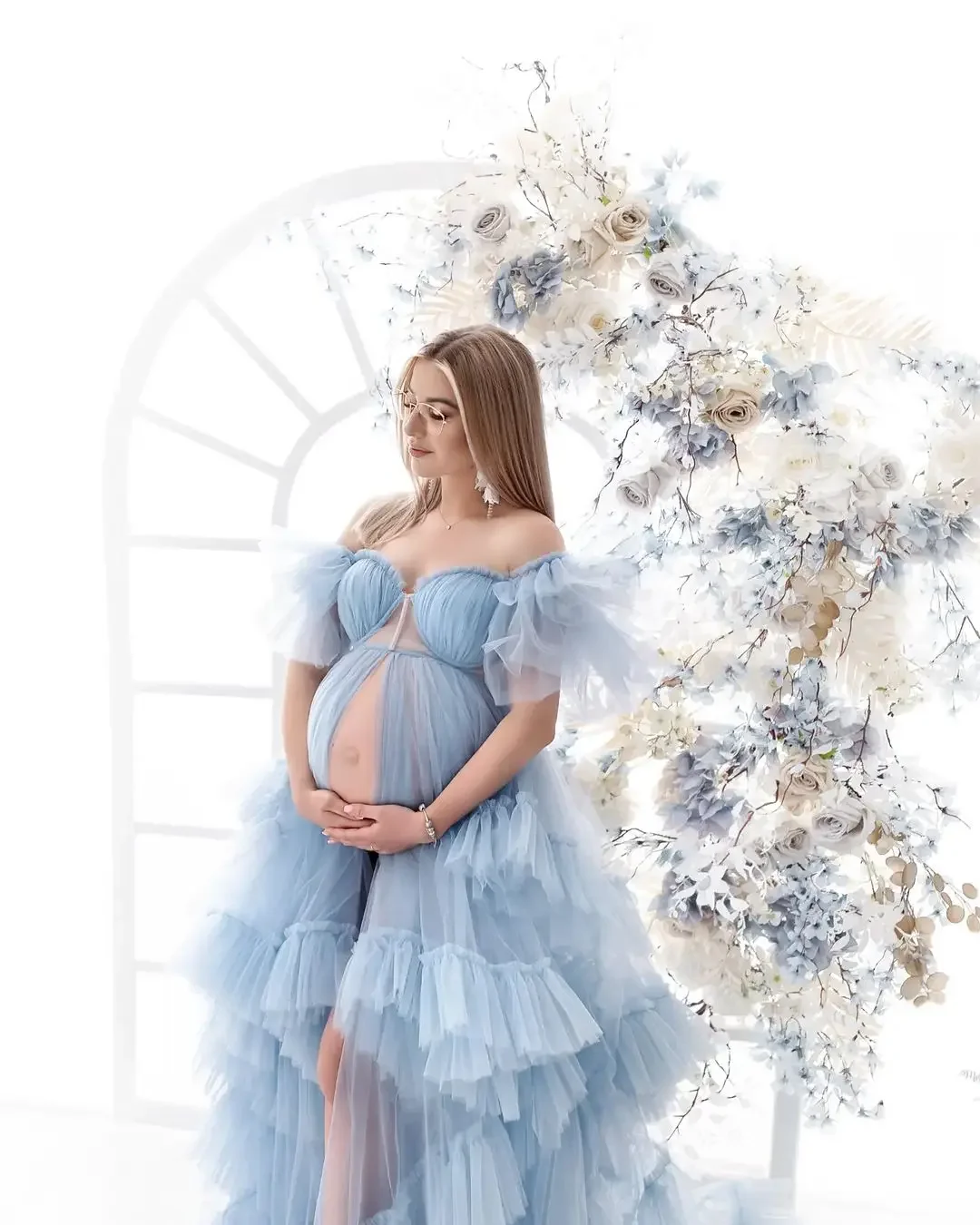 Elegant Blue Mesh Layered Pregnant Women Photoshoot Dress Elegant Maternity Photography Gowns Pregnancy Sheer Robe  customize