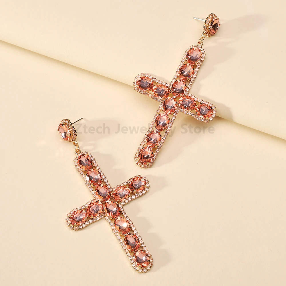 Fashion Shiny Crystal Decor Cross Dangle Drop Earrings For Women Luxury Vintage Design Classic Versatile Jewelry Accessories