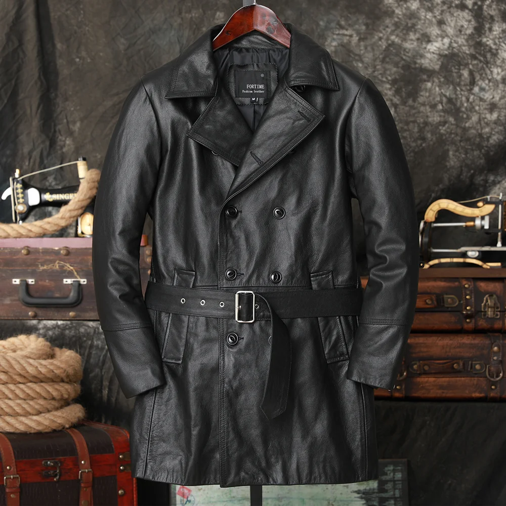 Black Long Spring Leather Jacket Men Europe Style Plus Size 5XL Genuine Natural Cowhide Turn-Down Collar Belt Windbreaker Coat
