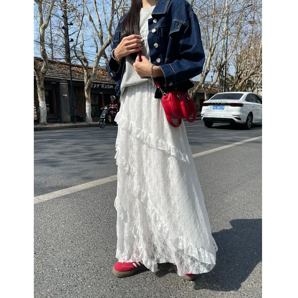 

Новая юбка-миди 2025 года: фасон «Фея» с асимметричным кружевом, завышенной талией, стройнящая, весна-лето, женская, премиум-класса, модная, стандартный крой, длинная