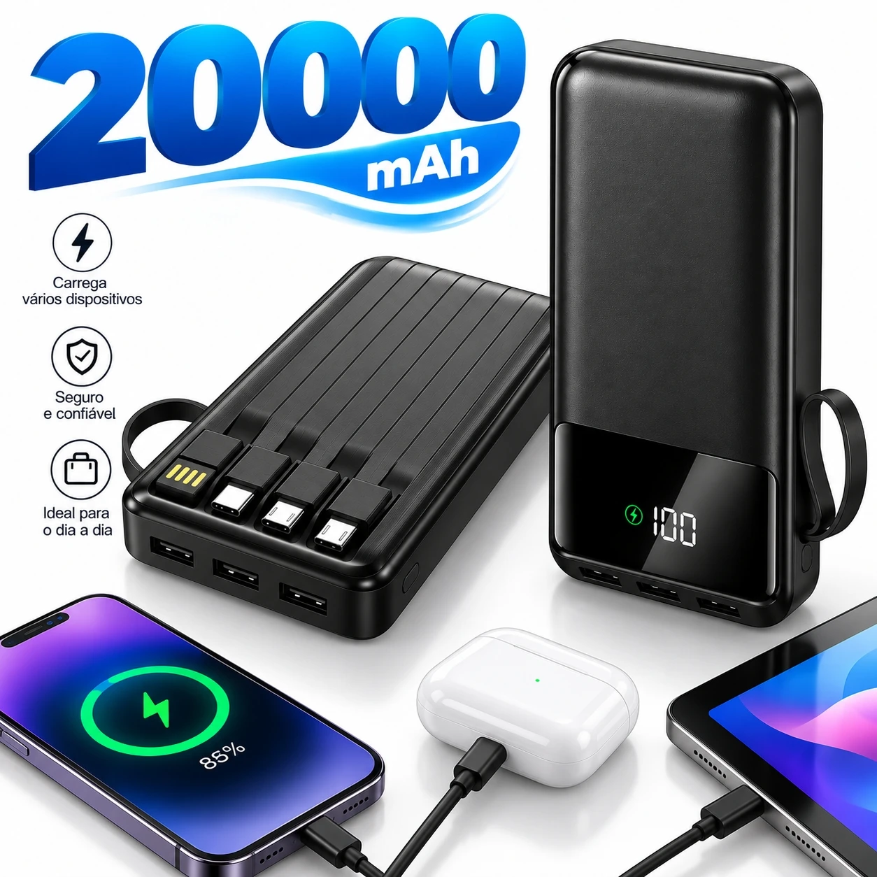 Power Bank 20000mAh Carregamento Super Rápido 4 Portas USB Com Visor Digital E Alta Capacidade Portátil