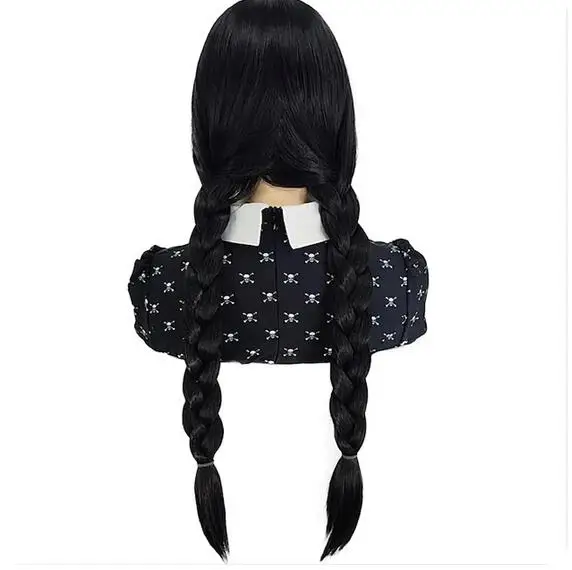 Wednesday Synthetic with Bangs Black Long Pigtails for Women Girls Addams Family Hair Wig for Party