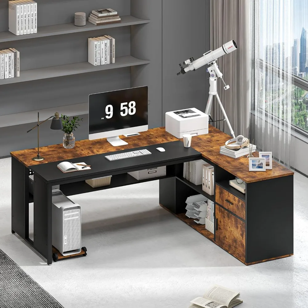 Executive Desk 71 Inch with Storage Shelves, Industrial L-Shaped Desk with Cabinet Storage & Drawer, Home Office Desk Business