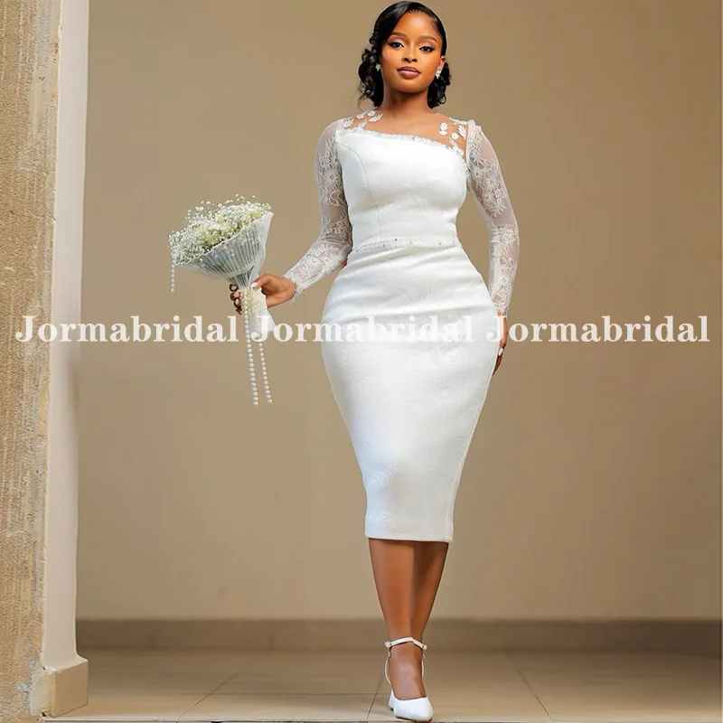 Long Sleeves Lace Wedding Dress Illusion O-neck Mermaid Mid-Calf Bridal Gowns Beaded Belt Bride Party Dress Customized vestidos