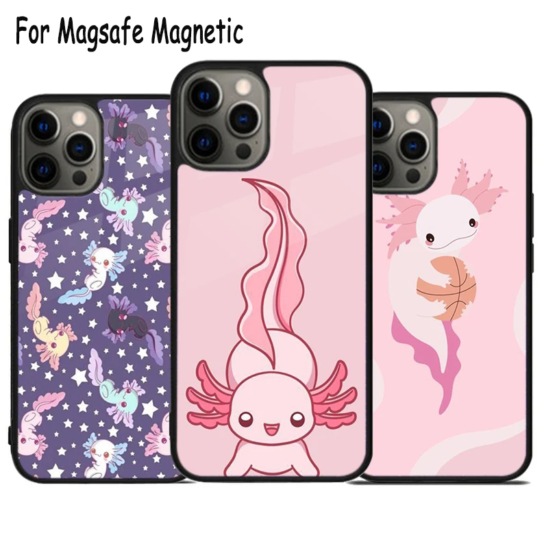 Happy Golden Axolotl Wireless Charge Magsafe Phone Case For iPhone 15 16 14 13 11 12 Pro Max Plus Magnetic Bumper Cover