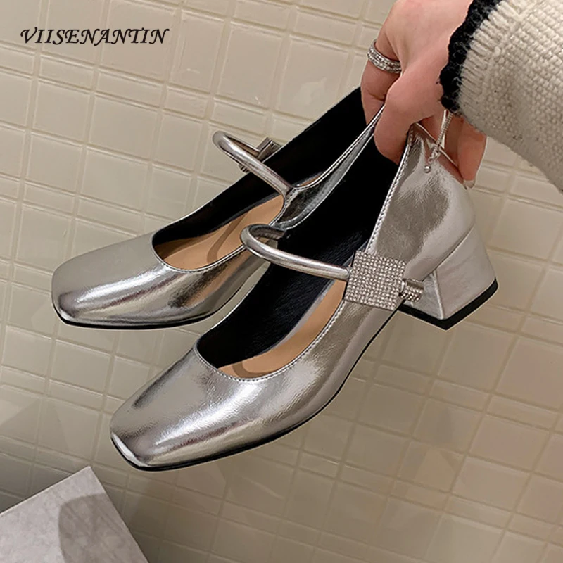 

Sliver Mary Jane Shoes Women Square Toe Shallow Luxury Crystal Buckle Women Pumps Genuine Leather Chunky Heel Single Shoe Female