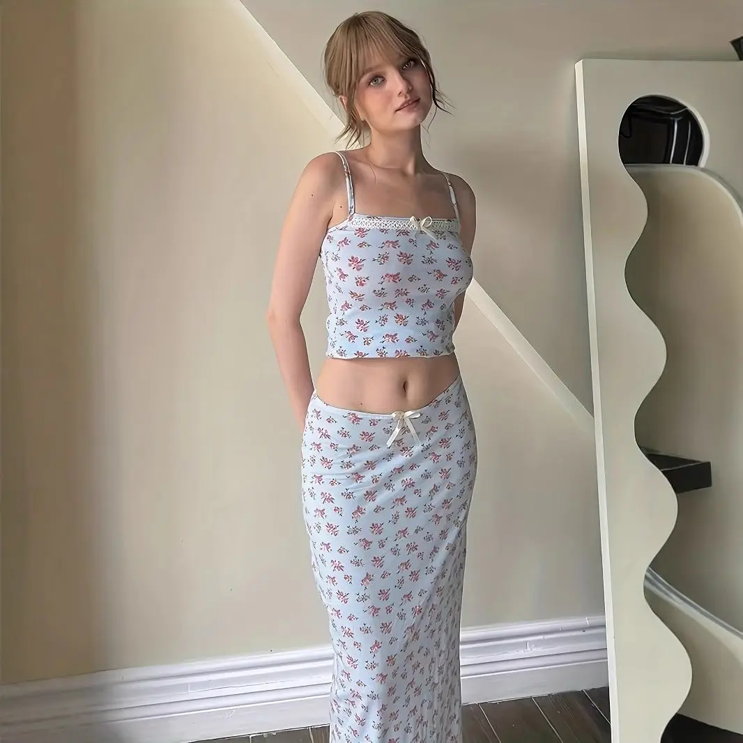 

Summer Fresh Floral Suspender Top Long Skirt Fashionable and Sexy Suit Two-piece Women's Suit