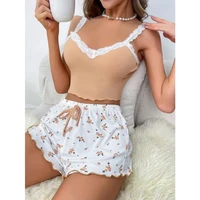 Women 2psc Pajama Set Pink Lace Patchwork V-Neck Sleepwear Sexy Nighties Suit Cami Top Printed Shorts Soft Pyjamas Loungewear - Image 4